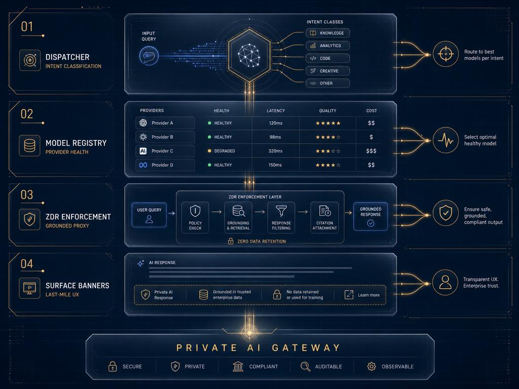Shield architecture: dispatcher, model registry, ZDR enforcement, and surface banners