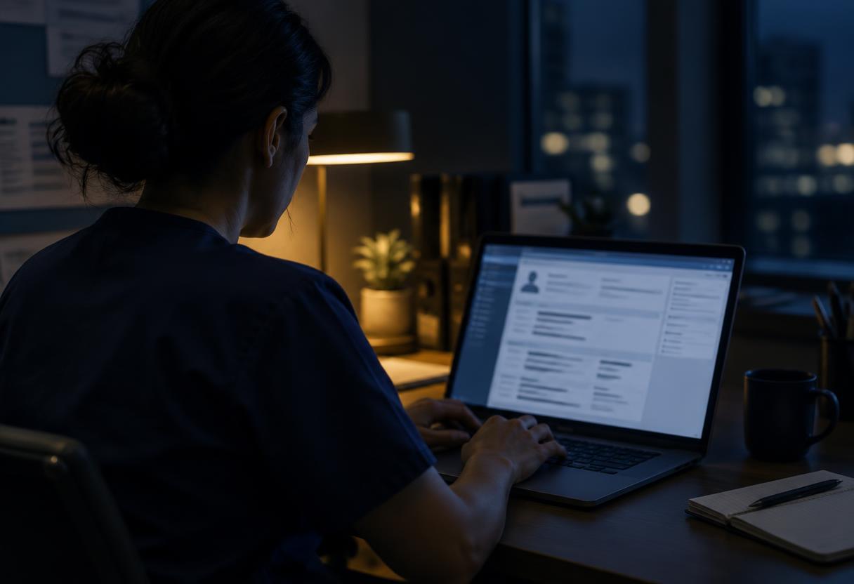 A clinician working on patient documentation at a laptop in a dimly lit office in the evening